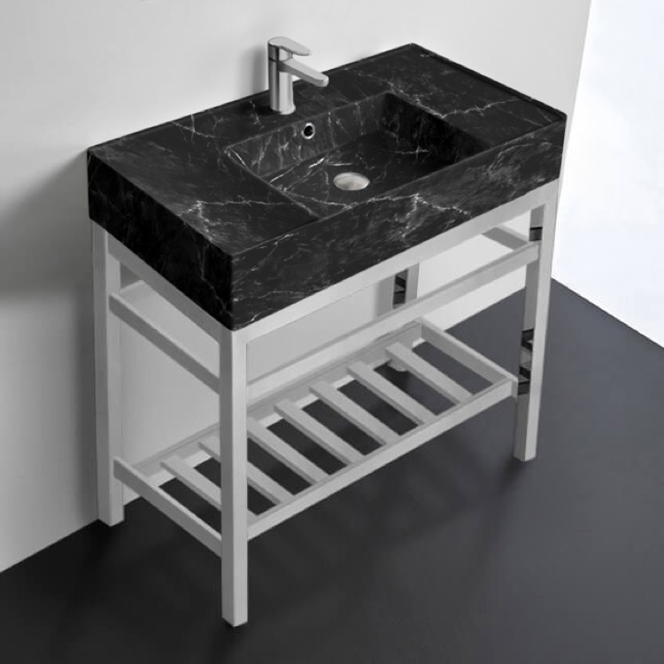 Scarabeo 5123-G-CON2 Modern Black Marble Design Console Sink and Polished Chrome Base, 32 Inch